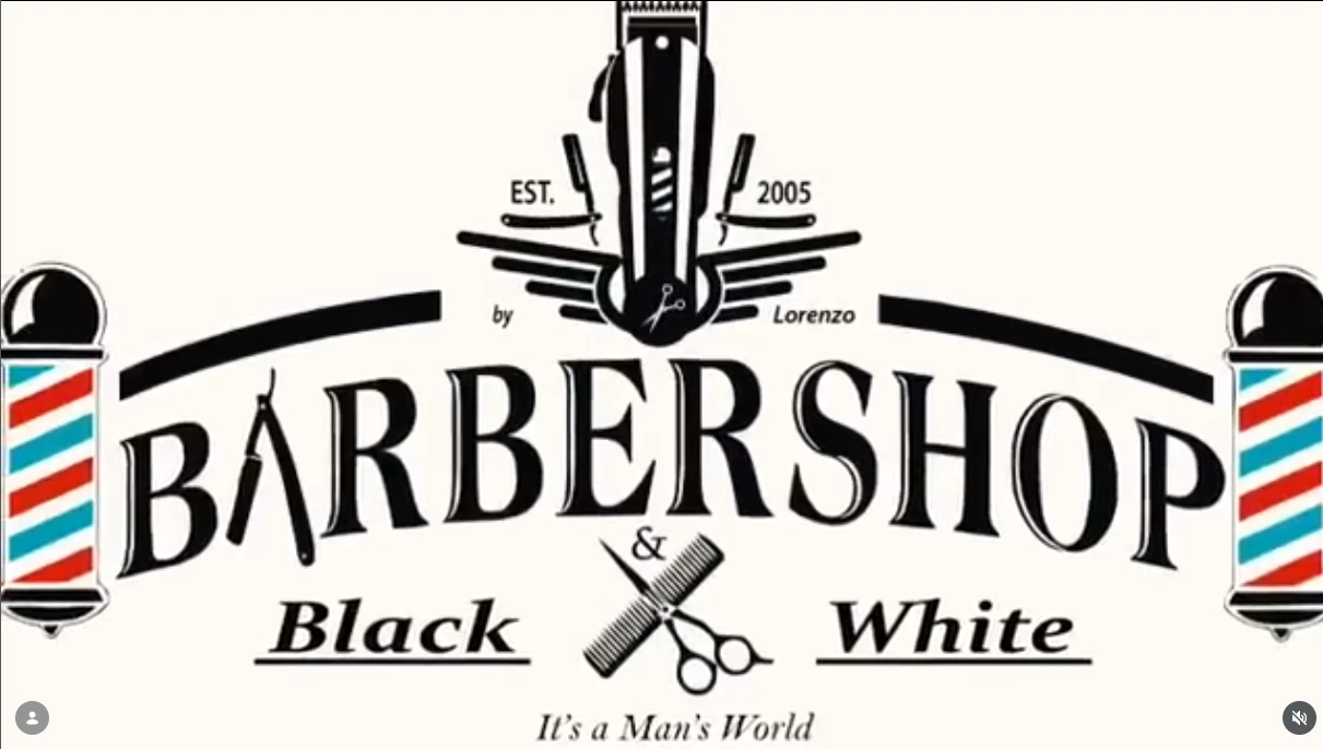 Logo de Black&White Barbershop: clipper con alas entre dos postes de barbero, by Lorenzo